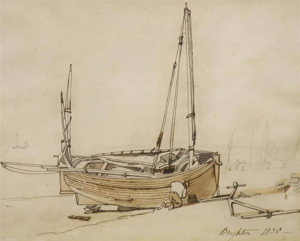 Henry George Hine (1811-1895), ink and watercolour, Mending fishing boats, Brighton 1838, old label verso, 18 x 22.5cm